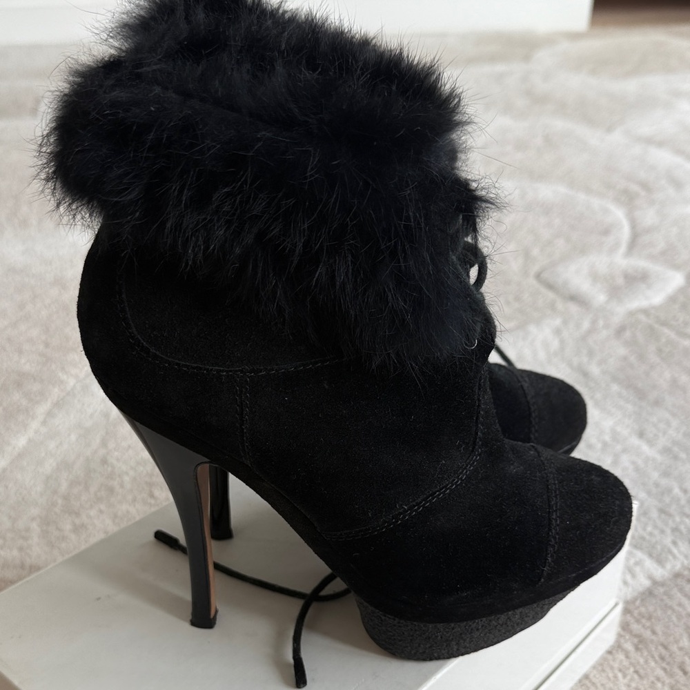 L.A.M.B. Black Fur-Trimmed Heeled Boots